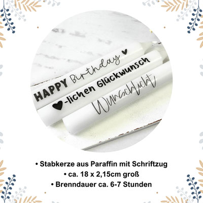 Geburtstagskerze mit ‘Happy Birthday, Herzlichen Glückwunsch, Wunschlicht’ Text, 18x2,15cm, Brenndauer 6-7h.