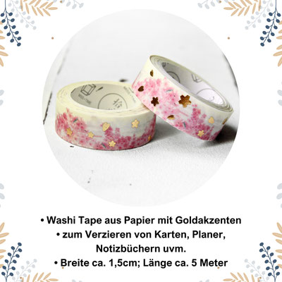 Zwei Rollen Washi Tape mit Blumenmuster und Goldakzenten, 1,5cm breit, 5m lang.