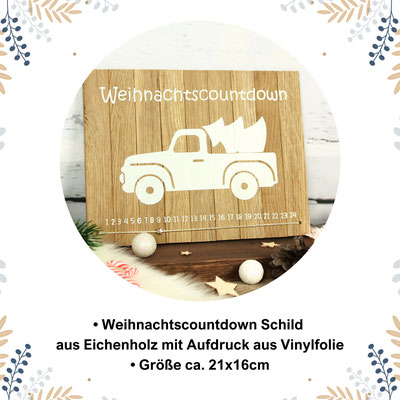 Holzschild mit Weihnachtscountdown, Truck-Motiv, Zahlen 1-24, Eichenholz und Vinylfolie, 21x16cm.