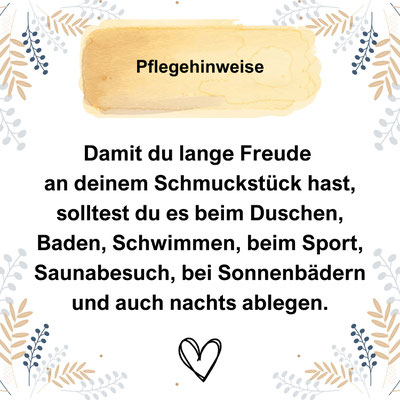 Pflegehinweise für Schmuck auf weißem Hintergrund.