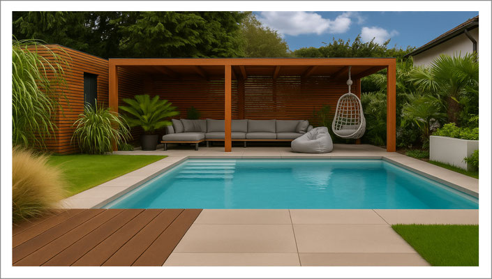 Privater Fertigpool mit ruhiger Wasseroberfläche und klarer Beckenform im Gartenbereich.