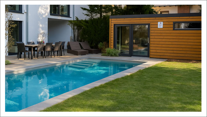 Riviera Fertigpool Modell Ancona im Außenbereich mit angrenzendem Saunahaus im Garten.