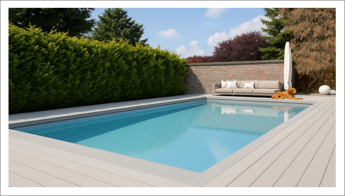 Riviera Fertigpool Modell Ancona mit Beckenrand und umlaufender Holzumrandung im Garten.