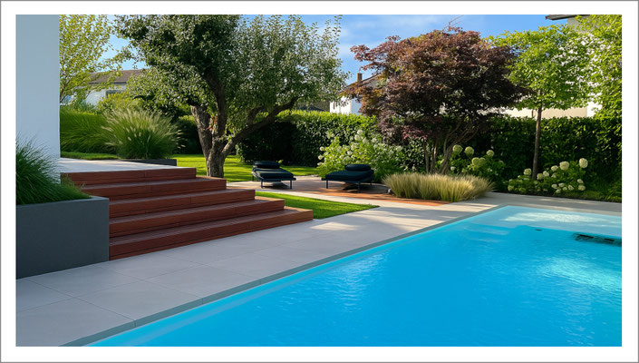 Moderner Fertigpool mit klarer Beckenform und geradlinigem Design im privaten Garten.