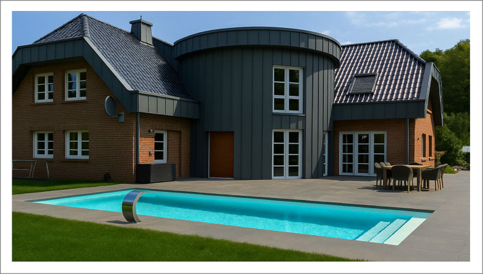 Individuell geplanter Swimmingpool im Garten mit klarer Beckenform und hochwertiger Umsetzung.