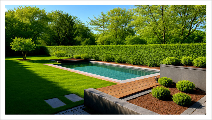 Privater Swimmingpool mit hochwertiger Glasmosaik-Auskleidung und klarer Beckenform im Garten.