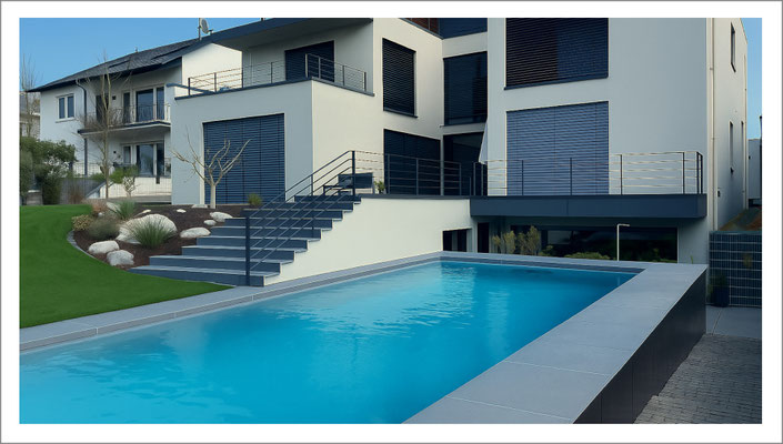 Privater Swimmingpool mit moderner Gestaltung, abgestimmt auf Haus und Garten im Außenbereich.