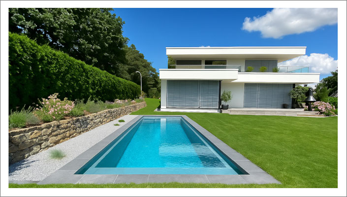Hochwertiger Fertigpool mit eleganter Beckenform und moderner Gestaltung im privaten Garten.