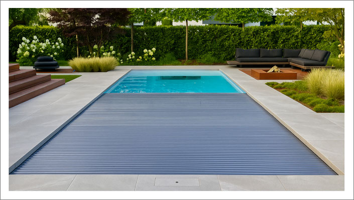 Fertigschwimmbecken mit integrierter Treppe und klarer Beckenform für den privaten Garten.