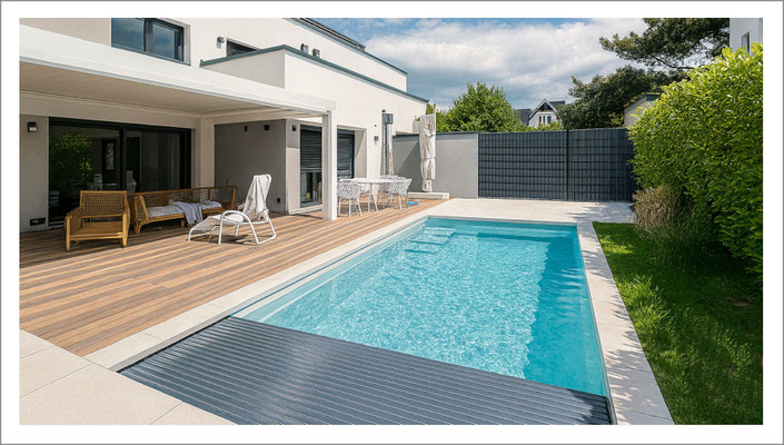 Gartenpool mit breiter Einstiegstreppe und klarer Beckenform für komfortables Baden.