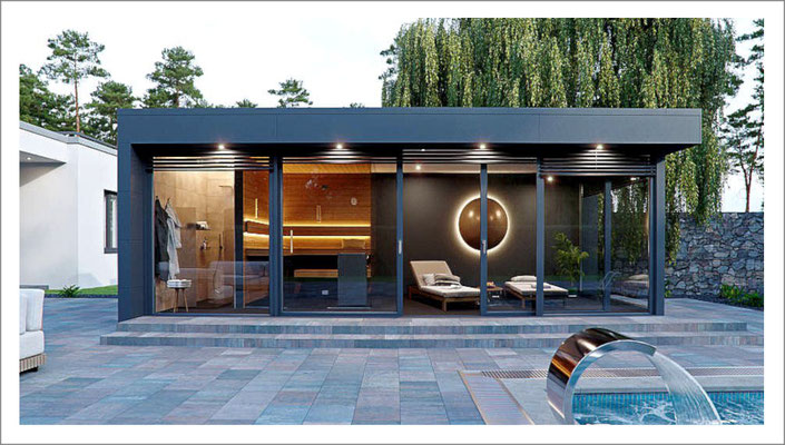Design-Gartensauna mit eingebauter Pooltechnik – stilvolle Wellness-Lösung im Außenbereich