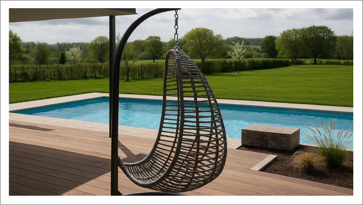 Riviera Fertigpool Modell Linear mit Solar-Lamellenabdeckung und klarer Beckenform im Garten.
