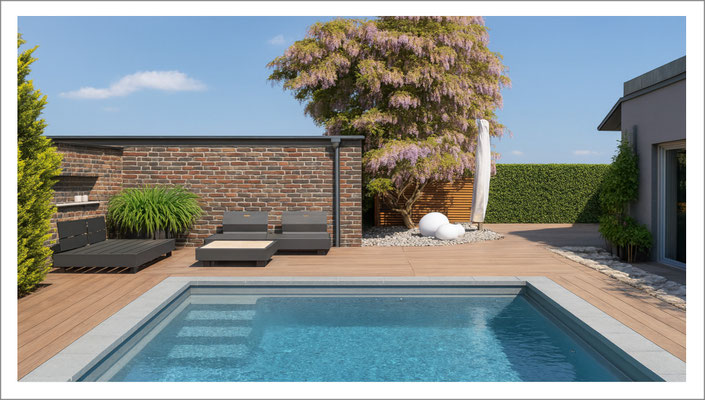 Moderner Gartenpool mit klarer Randgestaltung und hochwertiger Ausführung im privaten Außenbereich.