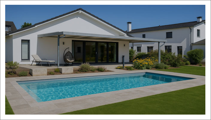 Privater Gartenpool mit moderner Treppenanlage und klarer Beckenform im Außenbereich.