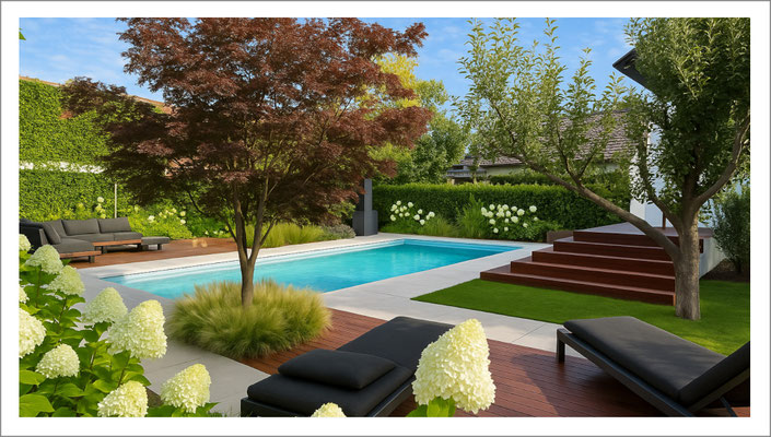 Riviera Pool WetLounge im Garten mit integrierter Relaxzone und moderner Beckenform.