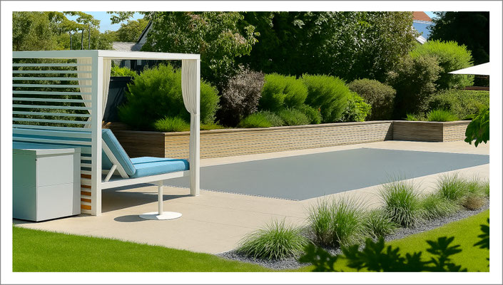 Privater Swimmingpool mit klarer Linienführung und moderner Gestaltung im Außenbereich.