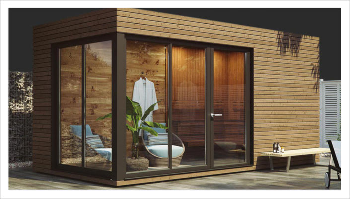 Gartensauna mit Holzfassade aus Rhombusleisten als Teil eines privaten Wellnessbereichs.