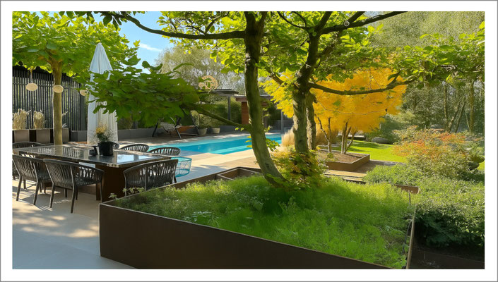 Gartenpool harmonisch an Haus und Grundstück angepasst – maßgeschneiderter Poolbau.