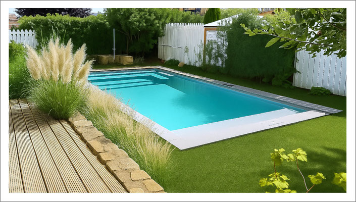iviera Fertigpool Modell Modena mit Funpak und moderner Beckenform im privaten Garten.