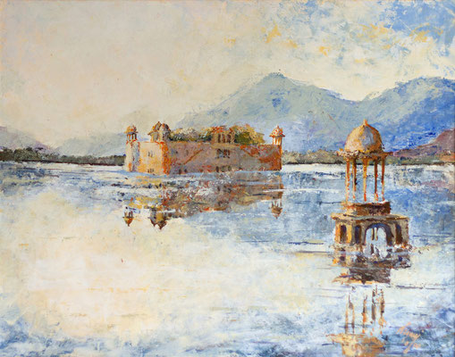 Ferdinando Pagani, "Lago di Udaipur - India", 1990, acrilico, 40x60 cm.