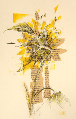 Kleine Sonnenblumen-Collage, Gouache+Tusche