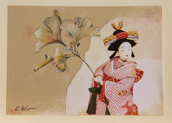 Japanische Ginkgo-Dame, Collage+Stifte