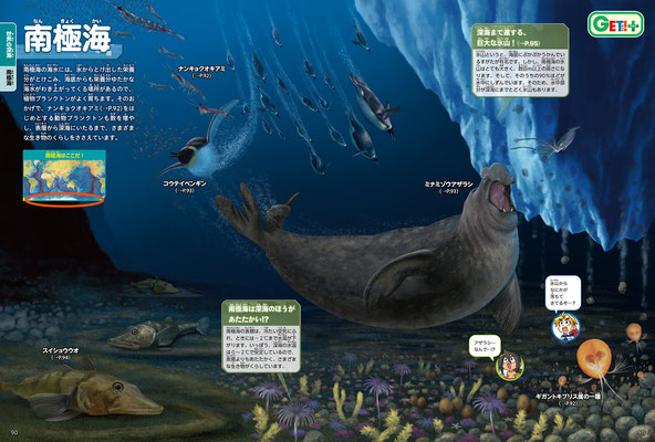 KADOKAWA「GET! 深海」図鑑・南極海・ミナミゾウアザラシ・コウテイペンギン・スイショウウオ／Photoshop