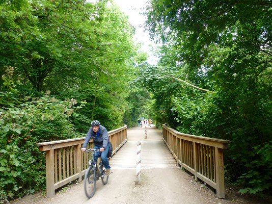 Radfahrer fährt über die Wandsebrücke