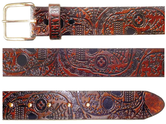 Lucky 13 - The Dead Skull - Embossed Leather Belt, Brown