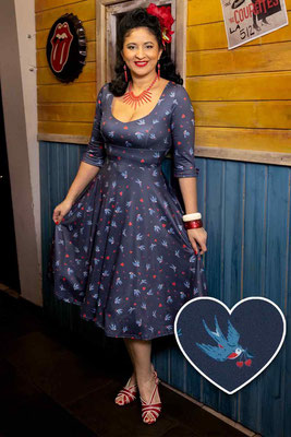 Dolly and Dotty - Scarlette Navy Swallow & Hearts Print Long-Sleeved Stretchy Dress
