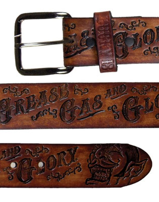 Lucky 13 - The Grease, Gas & Glory Embossed Leather Belt Antiqued Brown