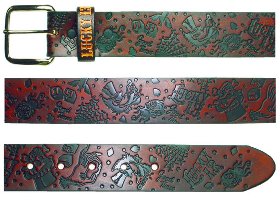 Lucky 13 - High Roller Embossed Leather Belt, Antiqued Brown