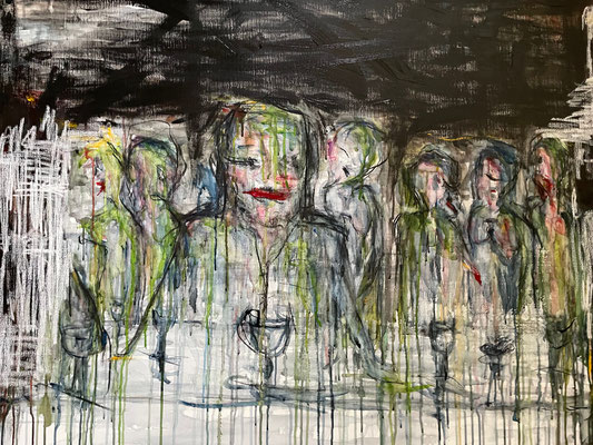 “Family dinner everywhere and together”  |  100 x 120 cm  |  Aquarel, Indian ink & acrylic op linnen”