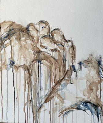 “Will we go the same way?”  |  50 x 60 cm  |  Aquarel en notenbolster op linnen”