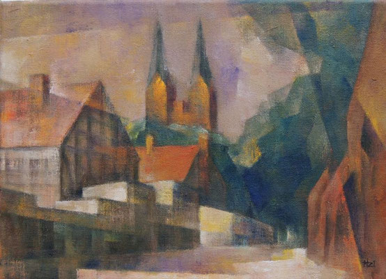 WV1371, Klosterkirche St. Trinitatis mit Stadtmauer, Neuruppin, 2021, Öl auf Leinwand, 24x33cm