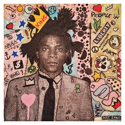 Tableau "Basquiat" 20 x 20 cm technique mixte peinture acrylique et collages ( posca ,vernis)