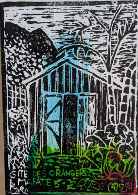 Marie PAUMIER -Gîte des orangers - linogravure - sur carton plume -25€ - Copie