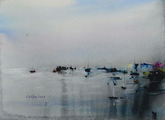 William.Castaño, Port sous la brume, 2023, Aquarelle, 28x20 cm, 90€