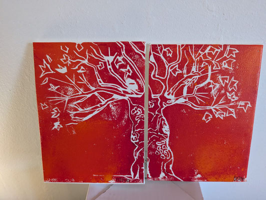 Marie PAUMIER - Vieux platane x deux - gravure sur bois - monté sur carton plume - 20€ - Copie