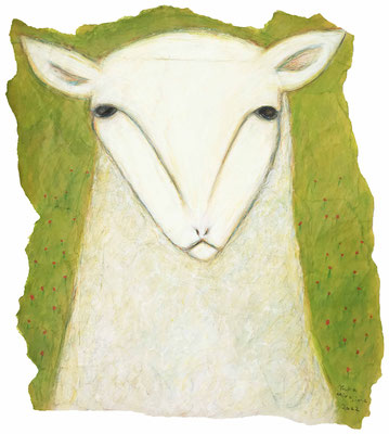 Sheep　310×280mm　古紙にアクリル.鉛筆.色鉛筆.クレヨン　2021