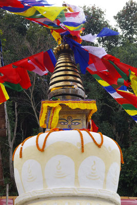 Gebetsfahnen ueber einer Stupa
