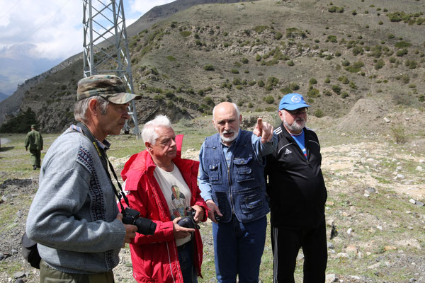 (from left to right) the Deputy director on science of NOSPZ K.P. Popov, the deputy director of "Sevkavgiprovodkhoz" E.V. Zaporozhchenko, the research associate of National park Alania R.A. Tavasiyev, the director of MINTTS of "Mountain" Yu.I. Karayev