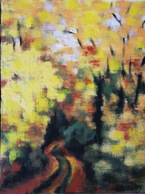 Waldweg im Herbst II 2019, Acryl auf Papier 40x50, 250,-€