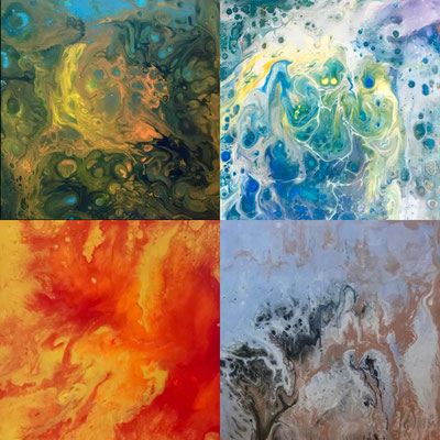 Serie Fluid Painting. Conjunto de 4 obras. Cada una de 20 x 20. Sin enmarcar. 100 € + 10 € envío.