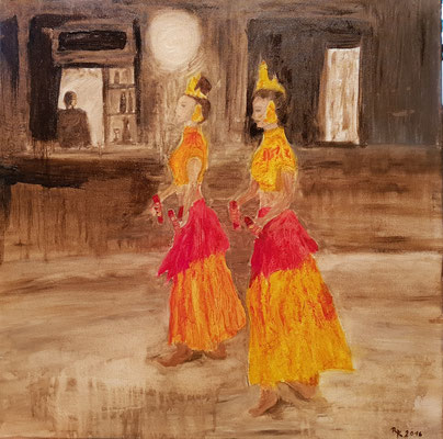 Balinesische Tänzerinnen I (2016), 0,60x0,60 Acryl auf Leinwand