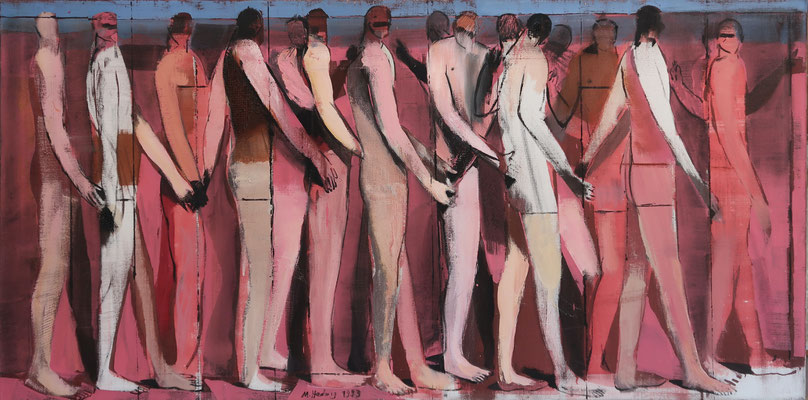 Männerreihe, 1993, Öl auf Leinwand, 70x140cm