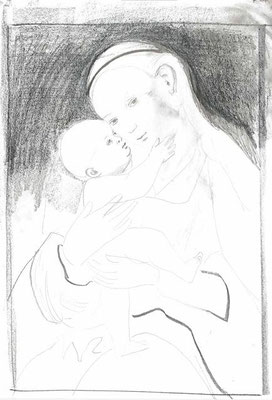 Mariahilf 05, 2008, Zeichnung, 42x29cm, nach dem Gnadenbild (ca. 1537) von Lucas Cranach d.Ä., am Hochaltar im Dom zu St.Jakob, Innsbruck