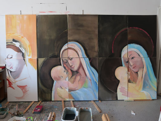 Madonna mit Kind, 2025, 12-teilig, Acryl auf Leinwand, 200x540cm (work in progress)