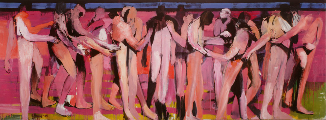 Körper-Fries, 1990, 2-teilig, Öl auf Leinwand, 140x380cm
