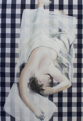 Schlaf 02, 2019, Acryl auf Hästens Textil, 130x90cm